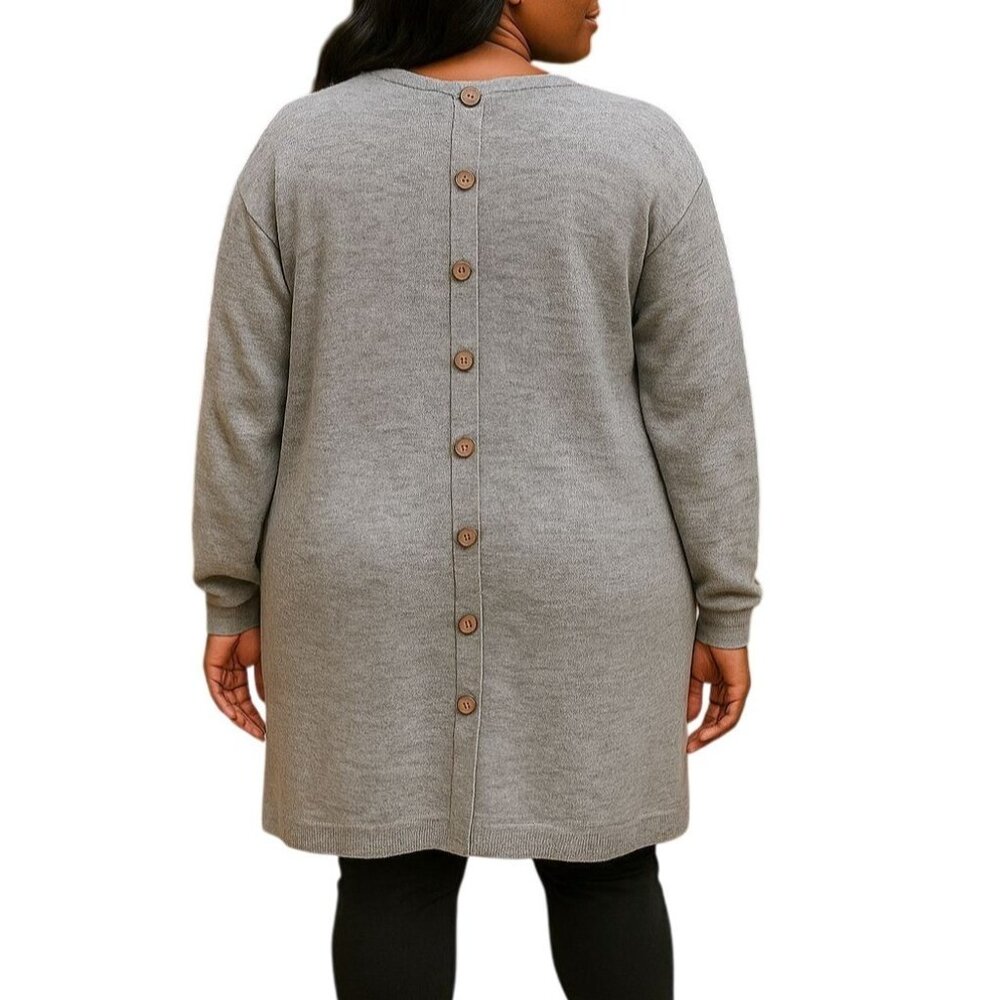 Womens Size Large Cardigan Grey Longline Button-Back Pockets Casual Plus